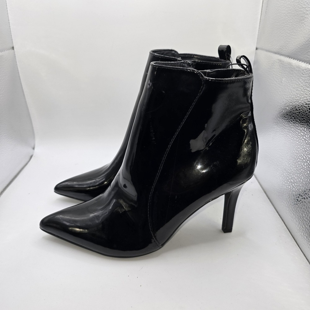 Boots Womens‎ Size 7.5 38.5 Black Patent Ankle Zip Pointed Toe Stiletto Heel
